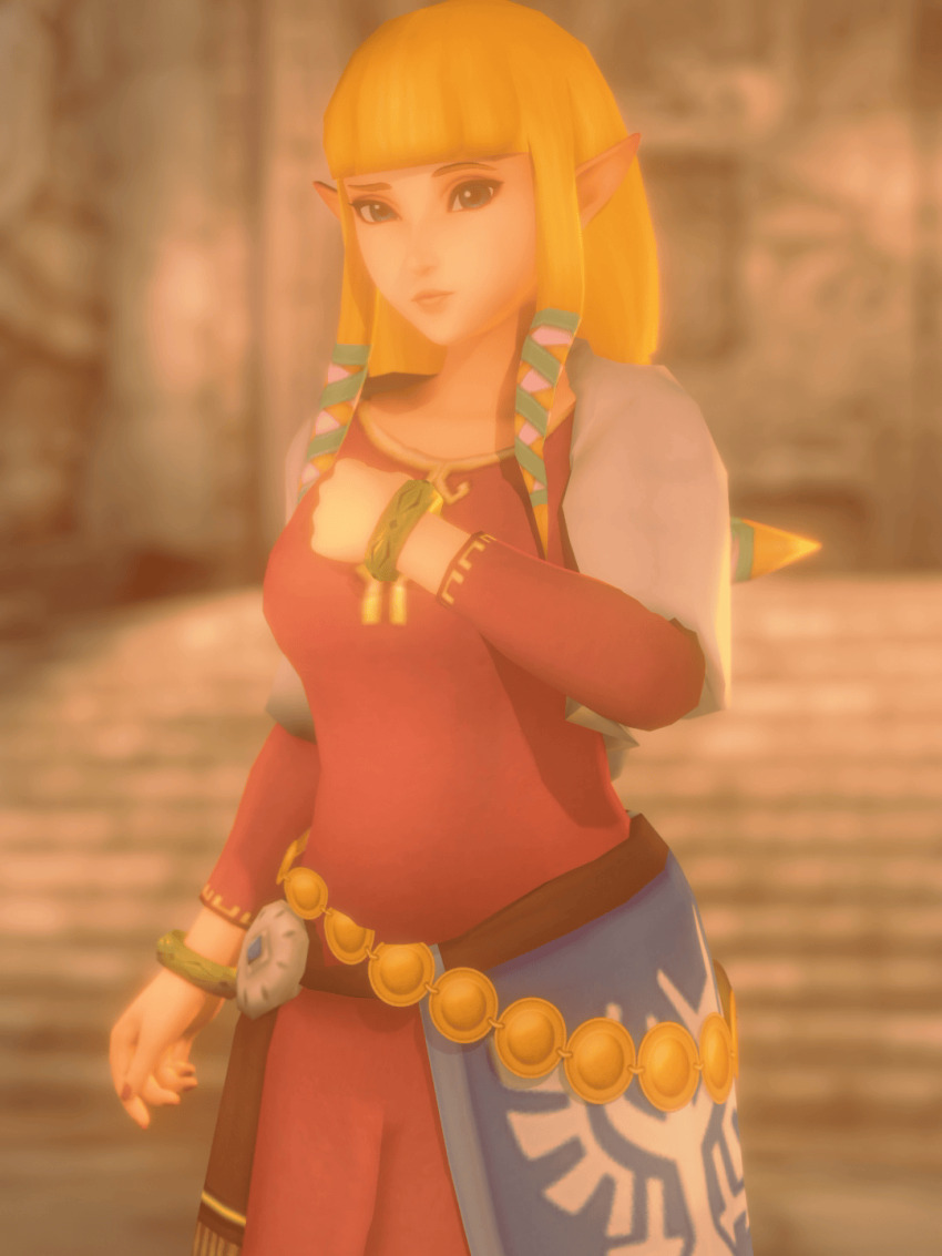 1girl 3d animated animated_gif bare_shoulders blonde_hair blue_eyes bracelet breasts chest_sarashi cleavage female_focus highres jewelry large_breasts long_hair looking_at_viewer muscular muscular_female n-nurico navel nintendo pointy_ears princess_zelda sarashi solo the_legend_of_zelda the_legend_of_zelda:_skyward_sword