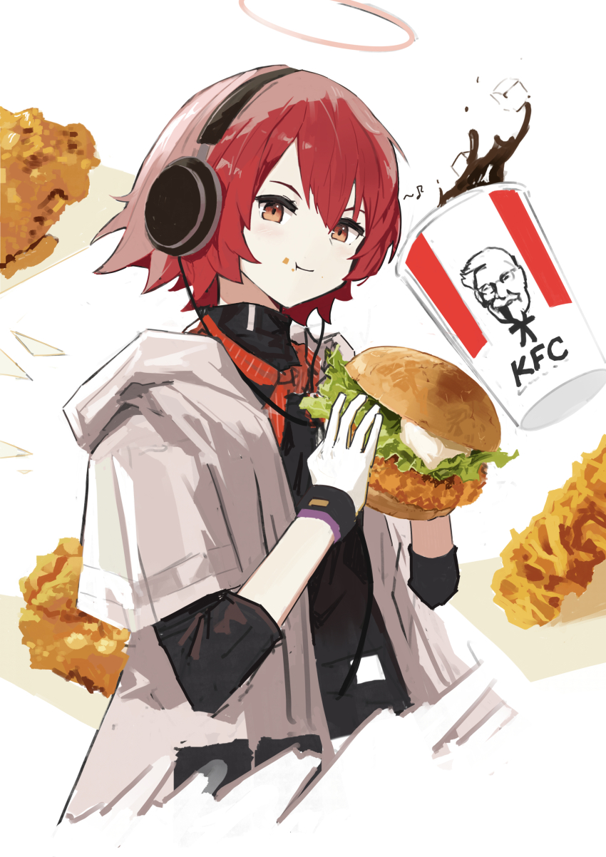 1girl :t absurdres arknights black_shirt brown_eyes burger chicken_(food) chicken_sandwich cola commentary cup detached_wings disposable_cup eating exusiai_(arknights) exusiai_(city_rider)_(arknights) food food_on_face fried_chicken gloves halo headphones highres holding holding_burger holding_food hood hooded_jacket ice ice_cube jacket kfc looking_at_viewer neckerchief official_alternate_costume open_clothes open_jacket product_placement red_hair red_neckerchief shirt short_hair short_sleeves simple_background smile solo sun_showdmp traditional_halo white_background white_gloves white_jacket wings