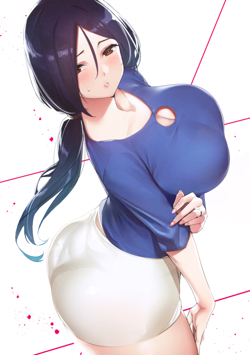 1girl ass blue_hair blue_shirt breasts brown_eyes cleaned cleavage cleavage_cutout clothing_cutout comic_cover destiny_lovers from_above gradient_hair hand_on_own_thigh highres holding_own_arm huge_breasts jewelry large_breasts light_blush long_hair low_ponytail multicolored_hair official_art paint_splatter panties parted_bangs parted_lips pencil_skirt pink_nails ponytail purple_hair ring see-through_clothes see-through_skirt shirt simple_background skirt solo takamura_honami_(destiny_lovers) thick_thighs thighs third-party_edit third-party_source tomohiro_kai turning_head underwear white_background
