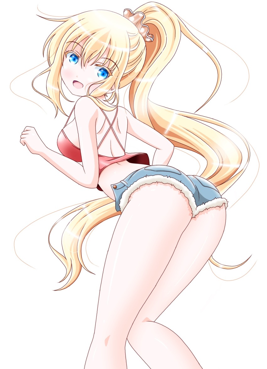 10s 1girl :d asobi_asobase blonde_hair blue_eyes blush camisole female_focus highres imai_kazunari leaning_forward long_hair looking_back olivia_(asobi_asobase) open_mouth ponytail short_shorts shorts smile solo standing very_long_hair