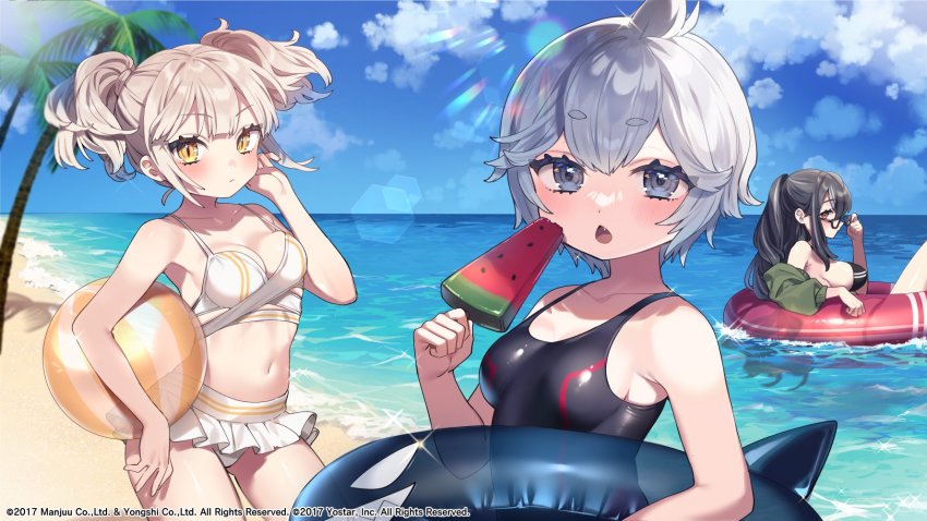 3girls alternate_costume azur_lane ball beachball bikini black_hair black_one-piece_swimsuit blue_sky breasts day green_jacket grey_eyes highres inflatable_orca inflatable_toy jacket large_breasts long_hair long_sleeves looking_at_viewer microskirt multiple_girls official_art one-piece_swimsuit open_mouth outdoors pleated_skirt red_innertube sakura_yuki_(clochette) sand short_hair skirt sky slit_pupils small_breasts standing swimsuit twintails u-110_(azur_lane) u-47_(azur_lane) u-96_(azur_lane) water white_bikini white_hair yellow_eyes