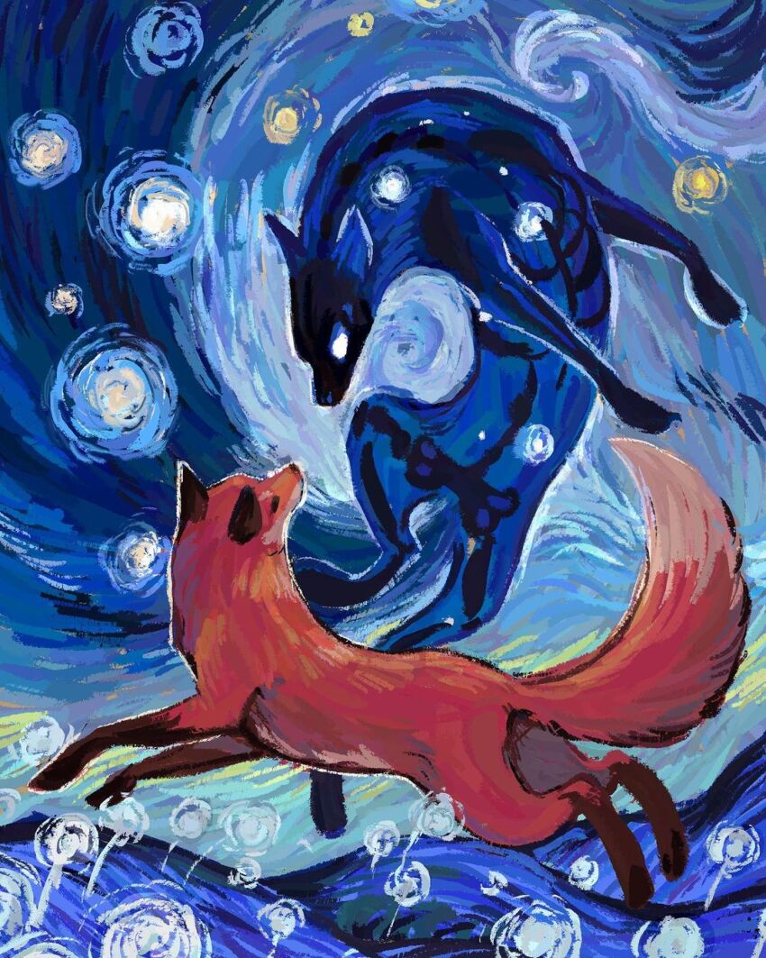 abstract animal animal_focus blending blue_fur blue_grass color_contrast commentary dandelion english_commentary fine_art_parody floating flower fox full_body glowing glowing_eye highres hill juli_artwork looking_at_another midair night night_sky no_humans no_lineart rearing original outdoors outline painterly parody red_fur running see-through_body skeleton sky solid_eyes starry_night_(van_gogh) turning_head