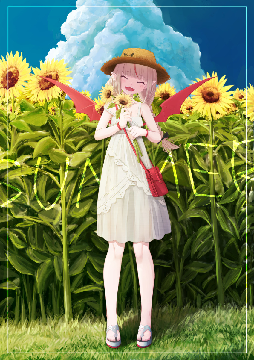 1girl :d ^_^ absurdres bag bangle bare_shoulders black_ribbon blunt_bangs blush bow bracelet braid closed_eyes cloud collarbone commentary_request cumulonimbus_cloud demon_wings dress fangs field flower flower_field full_body grey_hair hair_ribbon handbag hat hat_bow highres holding holding_flower jewelry lace_trim long_hair looking_at_viewer makaino_ririmu makaino_ririmu_(3rd_costume) multicolored_hair nanome_to nijisanji no_socks open_mouth partial_commentary platform_sandals pointy_ears red_bag red_eyes red_hair red_wings ribbon see-through_clothes see-through_skirt shoulder_bag sidelocks skirt sky sleeveless sleeveless_dress smile solo standing strap_slip straw_hat streaked_hair sundress sunflower sunflower_field twin_braids virtual_youtuber white_dress wings yellow_hat