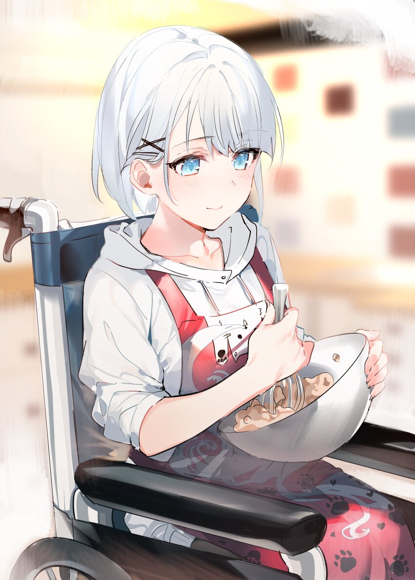 1girl absurdres apron aqua_eyes bowl chair cowboy_shot food hair_ornament highres holding holding_bowl holding_whisk hood hoodie novel_illustration official_art on_chair second-party_source short_hair siesta_(tantei_wa_mou_shindeiru) sitting smile solo tantei_wa_mou_shindeiru umibouzu_(niito) wheelchair whisk whisking white_hair x_hair_ornament