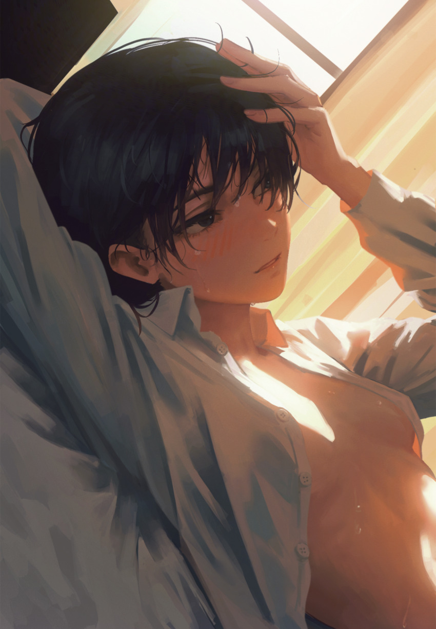 1girl absurdres arm_up black_eyes black_hair blush breasts chainsaw_man highres indoors lying mitaka_asa on_back on_bed open_clothes open_shirt parted_lips shirt small_breasts solo sweat white_shirt yao_liao_wang