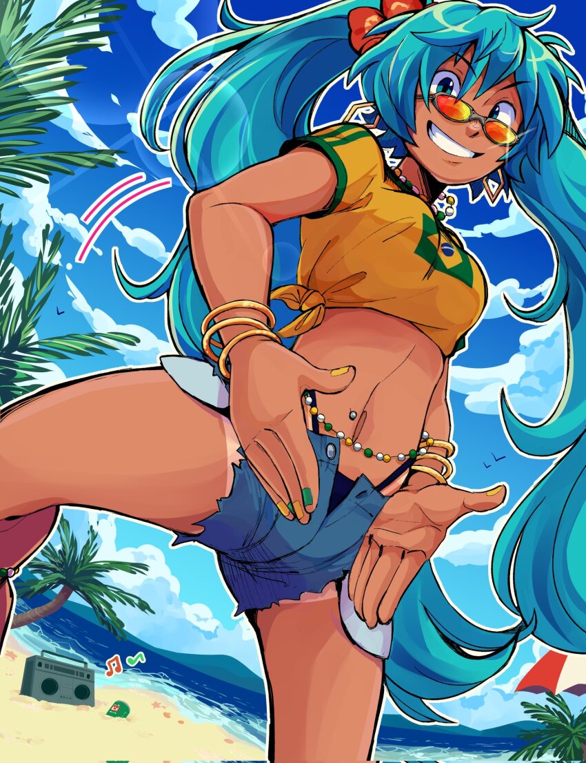 1girl anah_41 aqua_eyes aqua_hair bead_choker beads beamed_eighth_notes belly_chain bikini bikini_under_clothes black_bikini blue_shorts boombox bracelet brazilian_flag brazilian_flag_print brazilian_miku corrupted_twitter_file cowboy_shot day eighth_note exposed_pocket flag_print flower green_nails haigure_pose hair_flower hair_ornament hatsune_miku highres jewelry leaf long_hair looking_at_viewer midriff multiple_bracelets musical_note nail_polish navel navel_piercing orange-tinted_eyewear outdoors outline piercing print_shirt red_flower shirt short_shorts short_sleeves shorts solo swimsuit tied_shirt tinted_eyewear tree twintails very_long_hair vocaloid water white_outline yellow_nails yellow_shirt