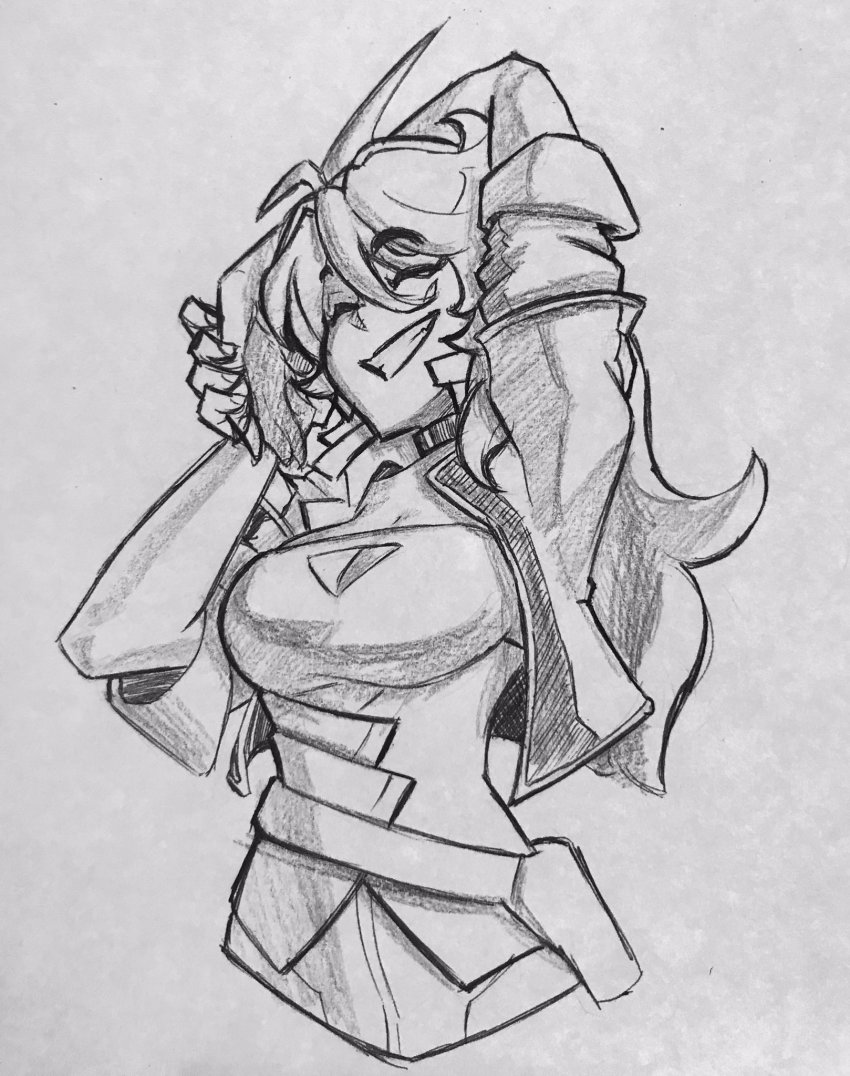1girl ^_^ breasts cleavage cleavage_cutout closed_eyes clothing_cutout cosmikaizer grey_background greyscale highres ink_(medium) jacket long_hair medium_breasts monochrome sakurai_sagiri shirt smile solo strapless strapless_shirt stretching super_robot_wars super_robot_wars_t traditional_media upper_body