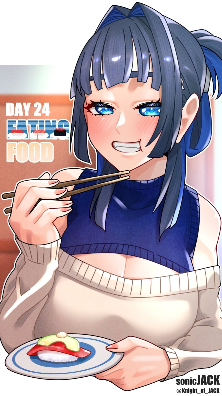 1girl blue_eyes blue_hair blush breasts chopsticks cleavage_cutout clothing_cutout food hair_intakes highres holding holding_chopsticks holding_plate hololive hololive_english knight_of_jack looking_at_viewer multicolored_hair off-shoulder_sweater off_shoulder ouro_kronii plate smile solo sushi sweater twitter_username virtual_youtuber