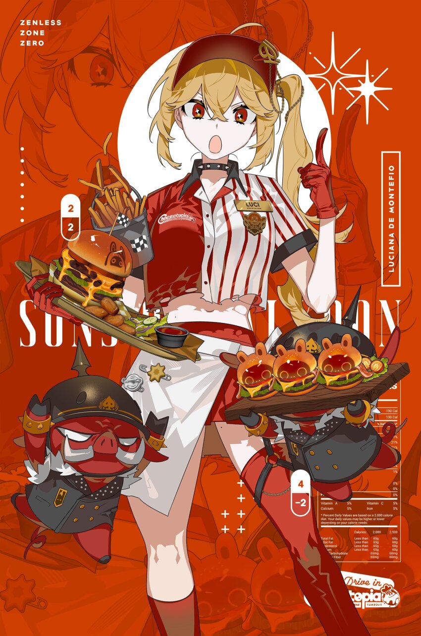 1girl absurdres ahoge alternate_costume bangboo_(zenless_zone_zero) baseball_cap blonde_hair burger cowboy_shot english_text food gloves hair_between_eyes hat highres long_hair looking_at_viewer luciana_de_montefio midriff mzet navel red_eyes red_gloves red_shorts sauce shorts sidelocks smile solo standing zenless_zone_zero