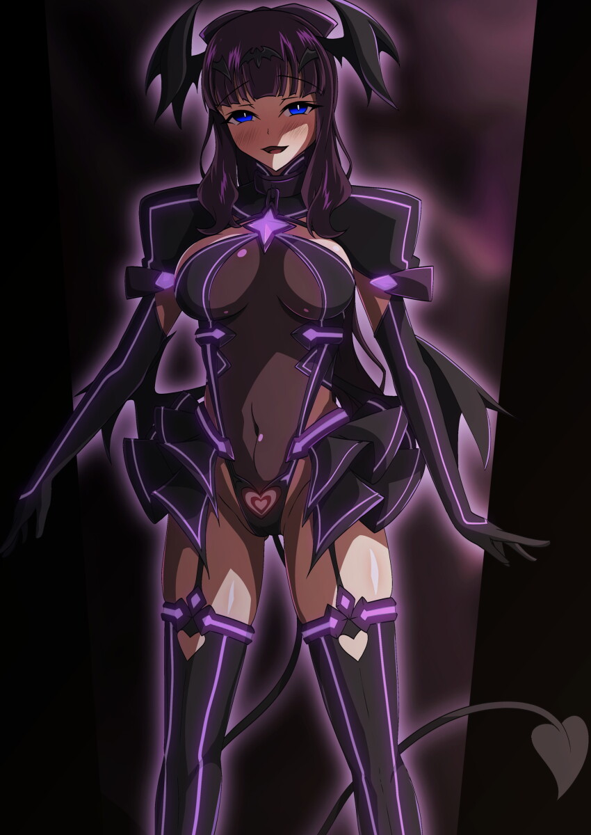 1girl absurdres aoi_tabane black_gloves black_hair black_leotard black_skirt black_thighhighs black_wings blue_eyes blunt_bangs blush breasts clothing_cutout commission corruption cosplay covered_navel dark_persona demon_tail demon_wings elbow_gloves garter_straps gloves glowing gluteal_fold halloween_costume head_wings heart heart_cutout highleg highleg_leotard highres impossible_clothes impossible_leotard kouyoku_senki_exs-tia large_breasts leotard liberator_(exs-tia) long_hair looking_at_viewer microskirt mind_control mole new_game! open_mouth pixiv_commission ponytail pubic_tattoo purple_hair see-through_clothes shiny_skin showgirl_skirt skin_tight skirt smile solo standing tail takimoto_hifumi tattoo thighhighs tiara variant_set wings
