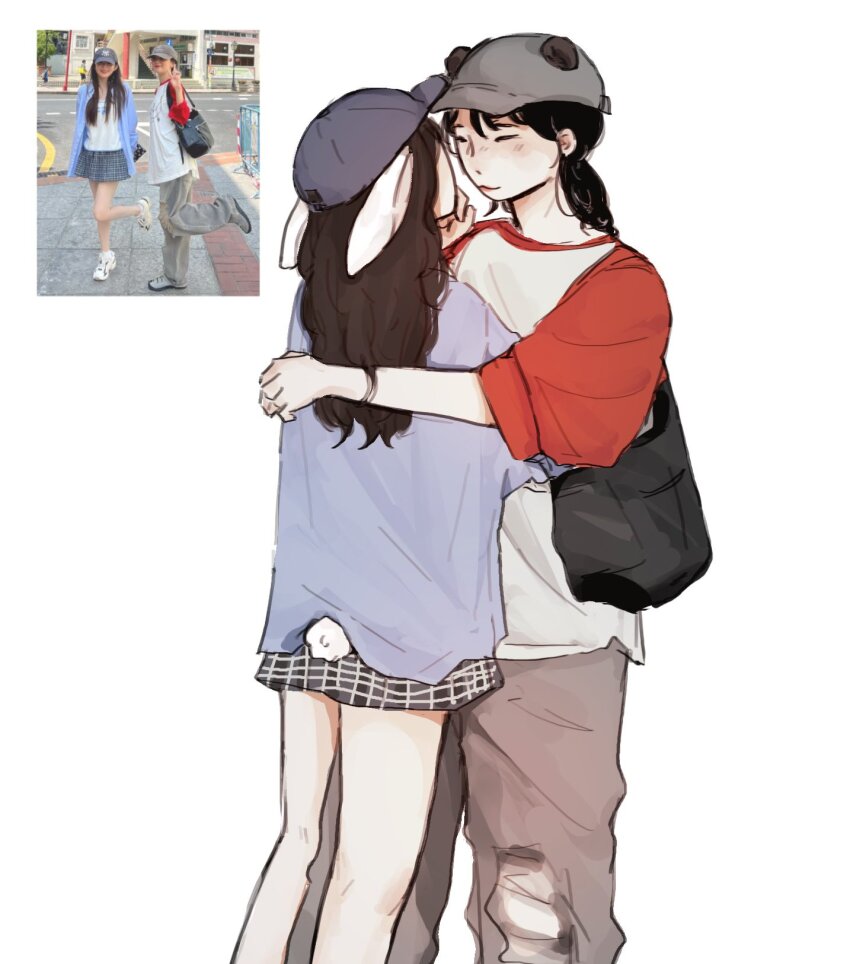 2girls animal_ears arm_around_shoulder bag baseball_cap bear_ears black_skirt closed_eyes closed_mouth commentary delusional965 english_commentary grey_hat grey_pants hand_on_another&#039;s_face hat highres irene_(red_velvet) k-pop looking_at_another multiple_girls pants plaid_clothes plaid_skirt purple_shirt rabbit_ears rabbit_girl rabbit_tail real_life red_velvet_(group) reference_inset seulgi_(red_velvet) shirt shoulder_bag simple_background skirt smile tail white_background white_shirt yuri