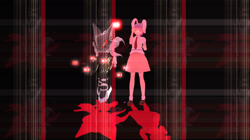 crossover cube glowing glowing_eyes infinite_(sonic) jackal mask non-web_source pink_skirt purple_hair red_background red_eyes reisen_udongein_inaba skirt sonic_(series) touhou