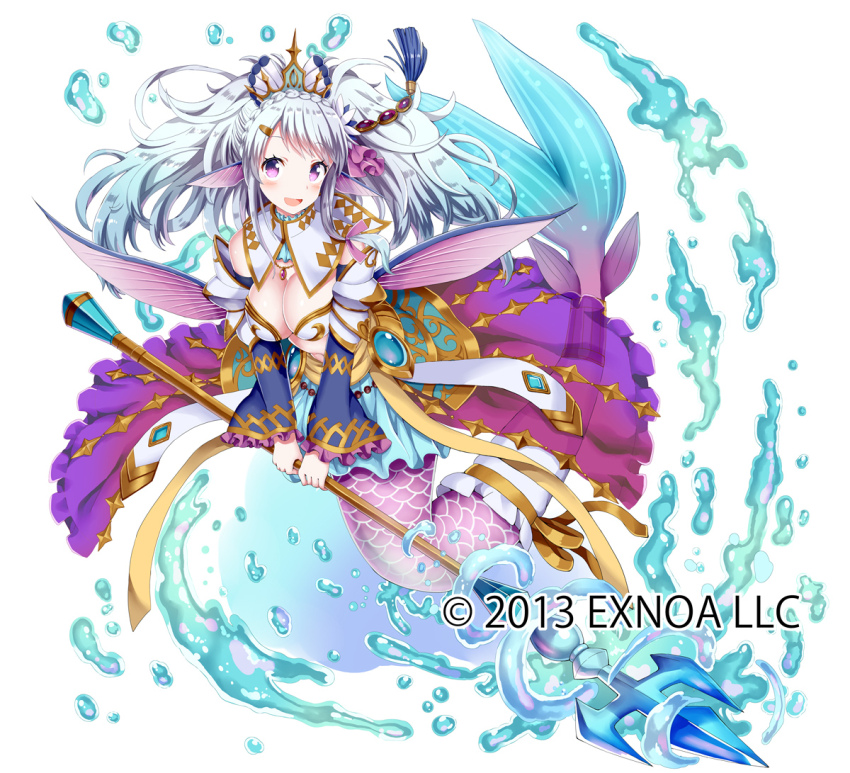 1girl aqua_hair blush breasts character_request copyright_notice fins givuchoko gradient_hair head_fins holding holding_polearm holding_weapon large_breasts mermaid monster_girl multicolored_hair official_art polearm purple_eyes sennen_sensou_aigis simple_background solo weapon white_background