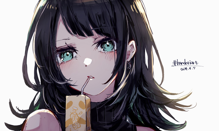 1girl bang_dream! bang_dream!_it&#039;s_mygo!!!!! black_hair blush carton commentary_request dated drinking_straw drinking_straw_in_mouth earrings green_eyes highres jewelry looking_at_viewer medium_hair nuruponnu parted_lips portrait simple_background solo white_background yahata_umiri