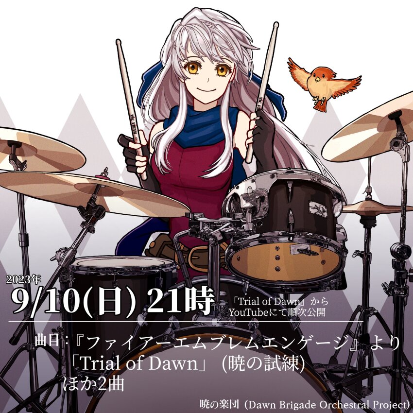 1girl bare_shoulders belt bird birthmark black_gloves black_leggings blue_scarf copyright_name dress drum drum_set drumsticks elbow_gloves fingerless_gloves fire_emblem fire_emblem:_radiant_dawn gloves grey_hair hair_ribbon half_updo highres holding holding_drumsticks instrument leggings long_hair looking_at_viewer micaiah_(fire_emblem) nintendo ribbon scarf shidanna1227 side_slit simple_background sleeveless sleeveless_dress smile solo white_background yellow_eyes yune_(fire_emblem)