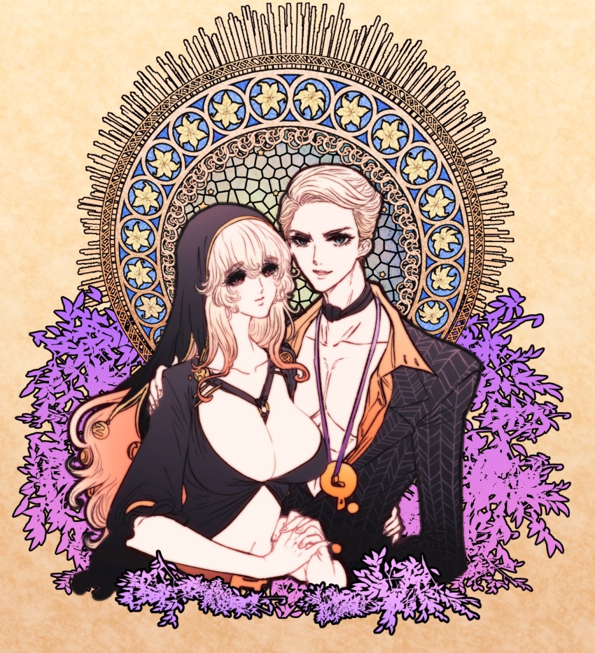1boy 1girl blonde_hair blue_eyes breasts cleavage genderswap genderswap_(mtf) hetero highres jojo_no_kimyou_na_bouken kinako_(nurupoga) open_mouth prosciutto red_eyes risotto_nero vento_aureo white_hair