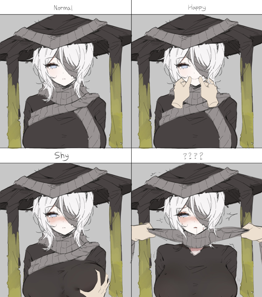 1girl 1other ? ?? absurdres asphyxiation black_hat black_shirt blank_stare blue_eyes blush breasts commentary_request conical_hat disembodied_hand english_text expression_chart expressionless eyepatch faust_(project_moon) grabbing_another&#039;s_breast grey_scarf groping hat highres korean_commentary large_breasts limbus_company one_eye_covered project_moon saeda8e scarf shirt smile strangling sweat twitching white_hair