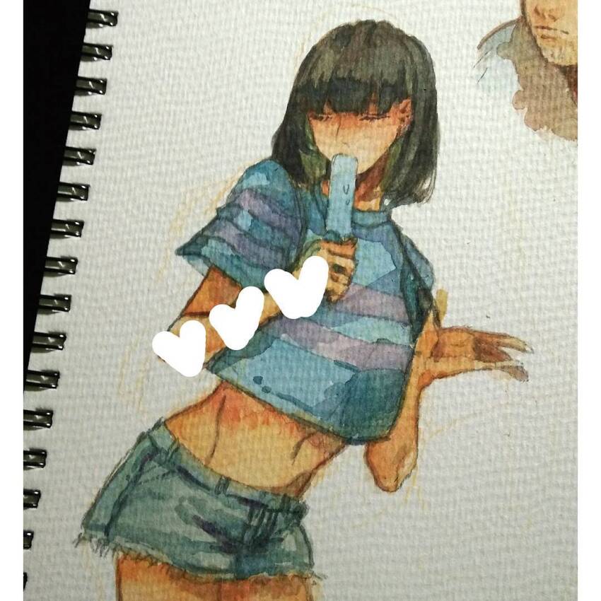 1girl black_hair bob_cut closed_eyes cropped_shirt cutoff_jeans cutoffs denim denim_shorts fei_00714 food food_in_mouth frisk_(undertale) hand_up holding holding_food holding_popsicle midriff navel pants popsicle popsicle_in_mouth shirt short_hair short_shorts short_sleeves shorts solo standing striped_clothes striped_shirt t-shirt tagme undertale