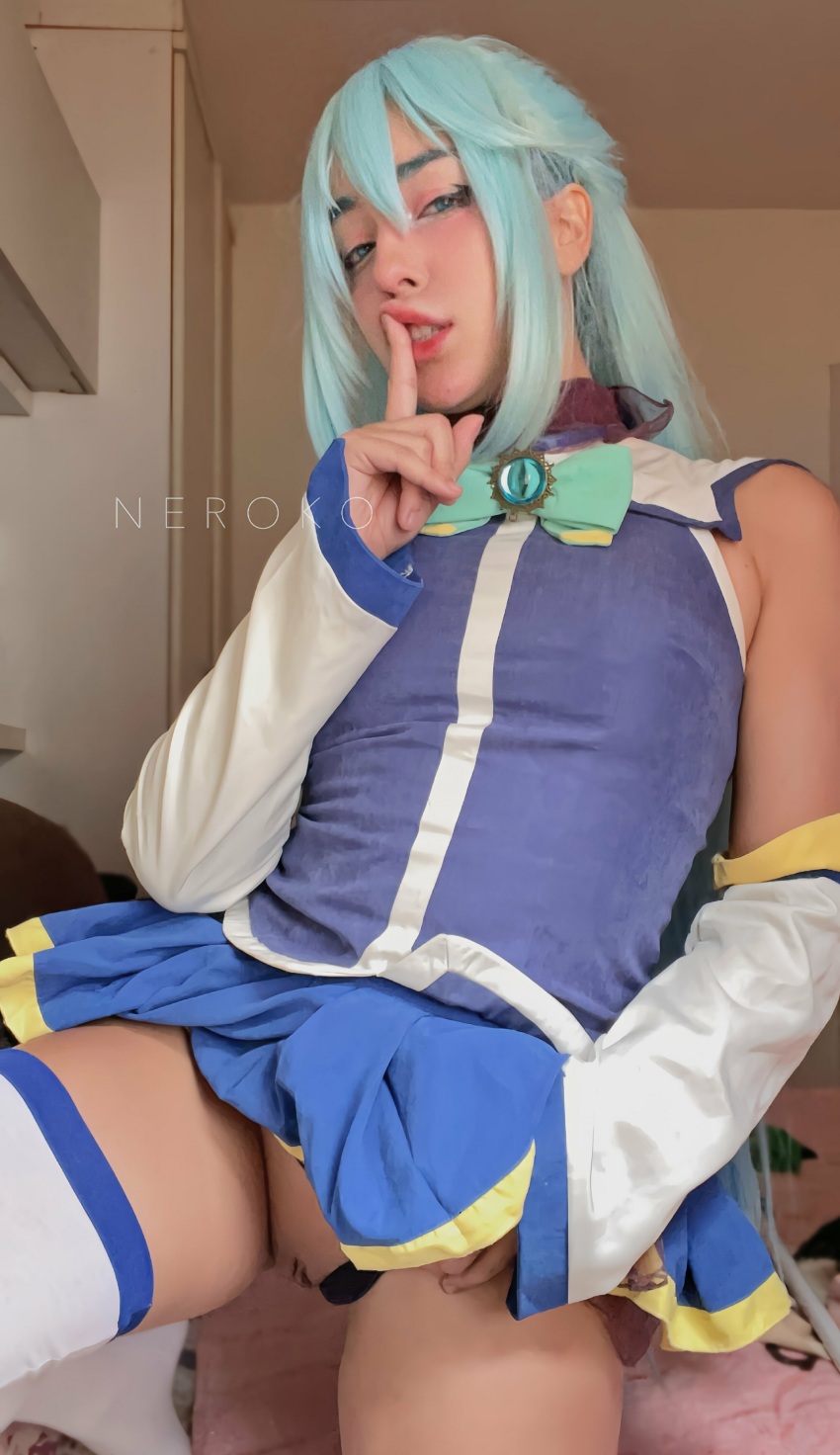 1girl absurdres aqua_(konosuba) aqua_(konosuba)_(cosplay) bare_shoulders blue_eyes blue_hair brazilian_(nationality) cosplay female_focus highres indoors kono_subarashii_sekai_ni_shukufuku_wo! long_hair looking_at_viewer nerokosplayer panties photo_(medium) purple_panties pussy skirt solo teeth thighhighs underwear white_thighhighs