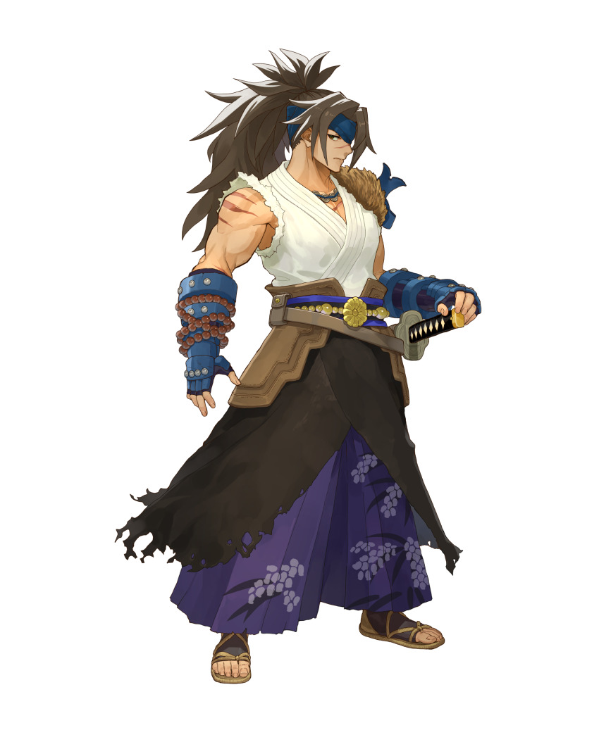 1boy artist_request blue_headband brown_eyes brown_hair closed_mouth fingerless_gloves full_body gloves headband highres japanese_clothes jewelry light_frown long_hair looking_at_viewer male_focus murasame_(rune_factory) muscular muscular_male necklace official_art pants pleated_pants ponytail purple_pants rune_factory rune_factory:_guardians_of_azuma sandals scar scar_on_chest scar_on_face scar_on_nose scar_on_shoulder sheath sheathed simple_background solo standing sword torn_clothes transparent_background vest weapon white_vest