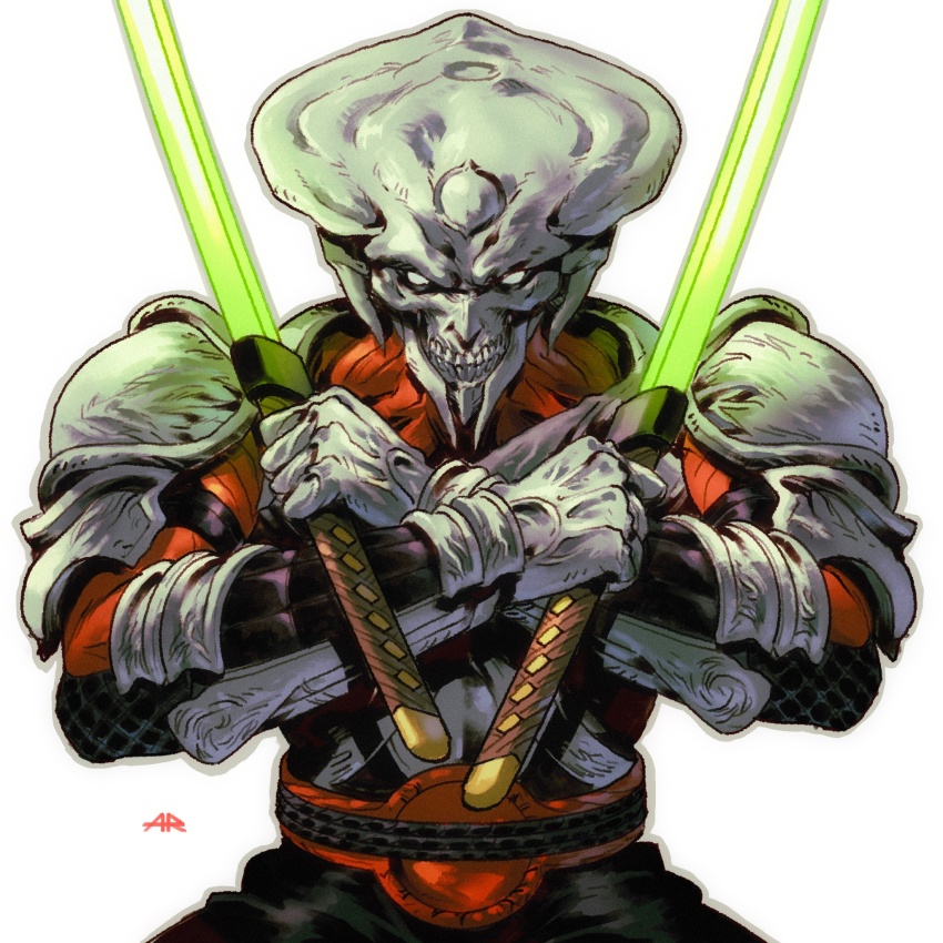 1boy alien anand_ramcheron artist_name belt close-up colored_skin commentary dual_wielding energy_sword english_commentary gloves green_lightsaber highres holding lightsaber male_focus red_belt shoulder_pads simple_background solo sword teeth tekken tekken_8 weapon white_background white_eyes white_gloves white_skin yoshimitsu_(namco)