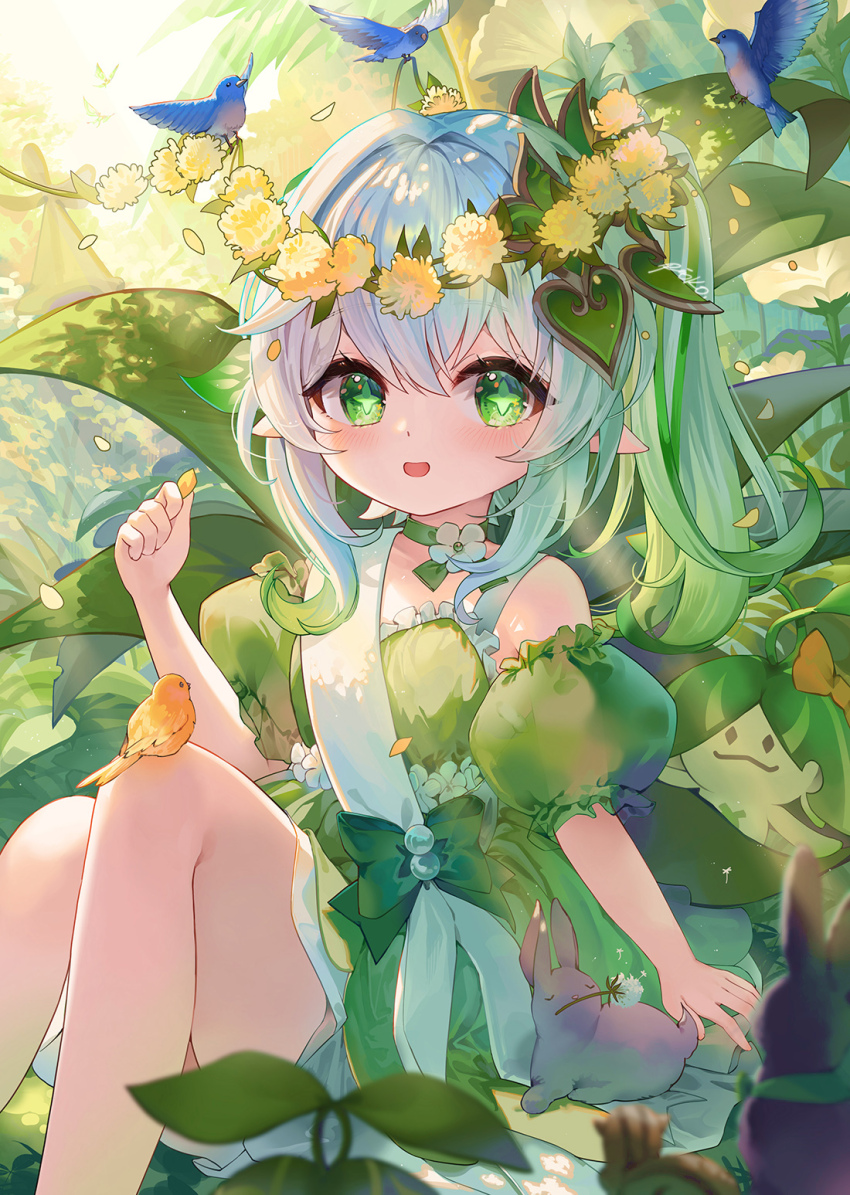 1girl alternate_costume bird blue_bird cross-shaped_pupils detached_sleeves dress falling_petals genshin_impact gradient_hair green_dress green_eyes green_hair grey_hair hair_ornament hand_up highres long_hair multicolored_hair nahida_(genshin_impact) open_mouth outdoors petals pioko pointy_ears puffy_short_sleeves puffy_sleeves short_sleeves sitting smile solo symbol-shaped_pupils