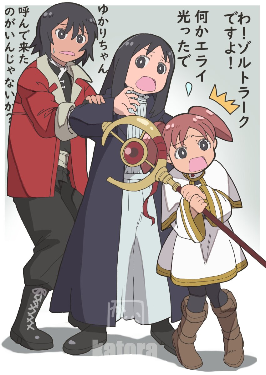 3girls absurdres azumanga_daiou black_coat black_eyes black_hair black_pants black_pantyhose black_shirt boots capelet coat cosplay fern_(sousou_no_frieren) fern_(sousou_no_frieren)_(cosplay) fingerless_gloves frieren frieren_(cosplay) full_body gloves group_cosplay hair_between_eyes highres holding holding_staff k_katora kagura_(azumanga_daioh) kasuga_ayumu knee_boots long_coat long_hair mage_staff mihama_chiyo multiple_girls nervous open_mouth pants pantyhose red_coat red_hair shirt short_hair short_twintails signature simple_background skirt sousou_no_frieren staff standing stark_(sousou_no_frieren) stark_(sousou_no_frieren)_(cosplay) twintails watermark white_capelet white_shirt white_skirt