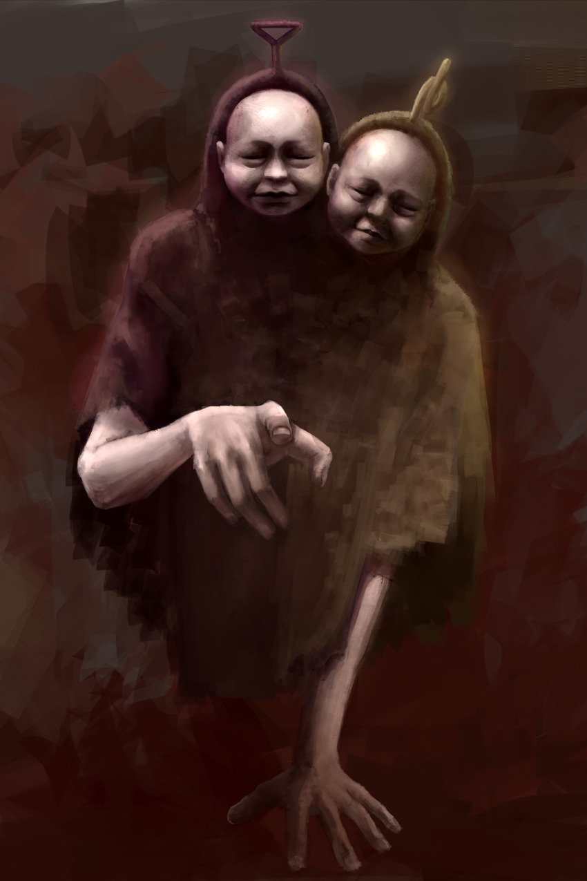 absurdres billy_and_miriam_locane black_background creature creepy duzt expressionless full_body ghost highres horror_(theme) looking_at_viewer no_humans parody pointing pointing_at_viewer reaching reaching_towards_viewer silent_hill silent_hill_(series) silent_hill_4:_the_room teletubbies two_heads