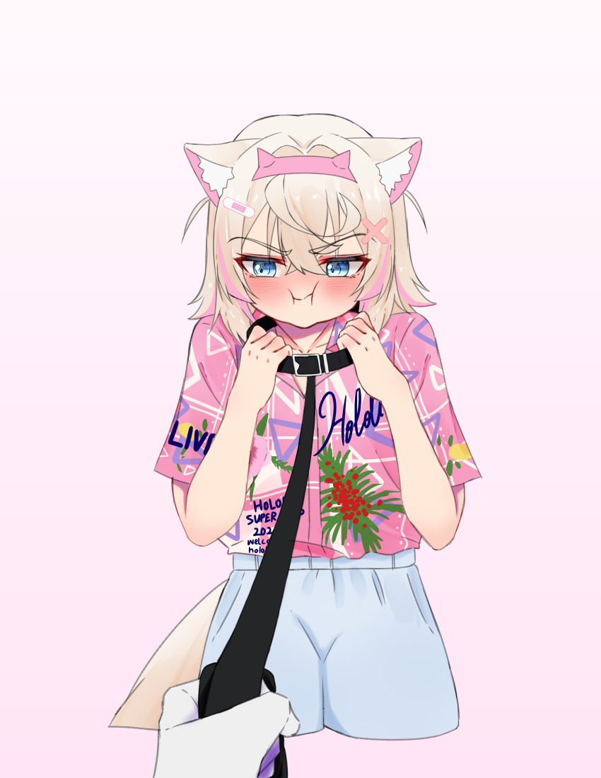 1girl :i absurdres angry animal_collar animal_ears bandaid bandaid_hair_ornament black_collar blonde_hair blue_eyes blush collar commentary crossed_bangs dog_ears dog_girl dog_tail double-parted_bangs embarrassed english_commentary fake_horns hair_between_eyes hair_intakes hair_ornament hairband hairclip hawaiian_shirt highres hololive hololive_english horn_hairband horns leash mococo_abyssgard multicolored_hair official_alternate_costume pink_hair pink_hairband pink_shirt pout shirt short_hair shorts solo streaked_hair tail two_side_up viewer_holding_leash virtual_youtuber vo_(sheerra212) white_shorts x_hair_ornament