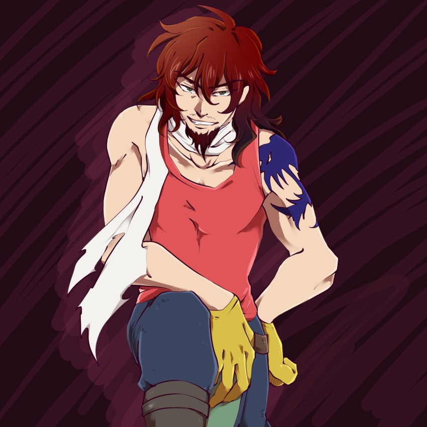 00s 1boy ali_al-saachez bad_id bad_pixiv_id boots brown_hair facial_hair gloves goatee gradient_background green_eyes grin gundam gundam_00 highres male_focus scarf smile solo tank_top tattoo