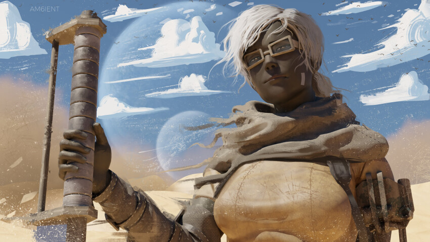 1girl absurdres armor bandage_on_face bandages bird black_skin blue_sky breasts brown_eyes brown_scarf closed_mouth cloud cloudy_sky colored_skin commentary day desert english_commentary goggles half-closed_eye highres holding holding_sword holding_weapon horizon kenshi leather_armor leather_strap leather_wrist_straps long_sleeves looking_at_viewer looking_down low_ponytail marc_vaughnrae mechanical_arms medium_breasts multiple_moons outdoors ponytail prosthesis prosthetic_arm sand sand_dune sandstorm scarf short_hair simple_bird sky solo sword torn_clothes torn_scarf unsheathed upper_body weapon white_hair