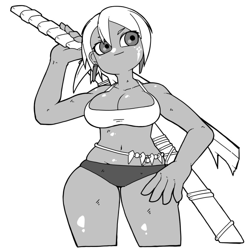 1girl bare_arms bare_shoulders breasts buff_body_(armor) cleavage closed_mouth cropped_legs earrings facial_mark groin hand_on_own_hip highres holding holding_sword holding_weapon jewelry medium_breasts monochrome monster_hunter_(character) monster_hunter_(series) name_omoitukan2 navel panties short_hair simple_background smile solo sports_bra sword underwear weapon white_background
