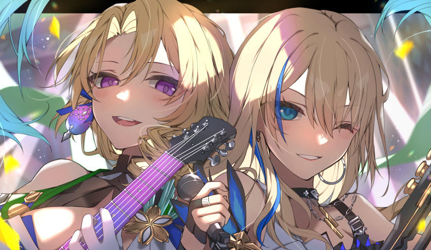 2girls absurdres bare_shoulders blonde_hair blue_eyes blue_hair cocolia_rand earrings floating_hair guitar hair_between_eyes highres holding holding_guitar holding_instrument honkai:_star_rail honkai_(series) instrument jewelry long_hair looking_at_viewer moderate_gold multicolored_hair multiple_girls one_eye_closed open_mouth purple_eyes serval_landau smile stage_lights streaked_hair teeth upper_body upper_teeth_only