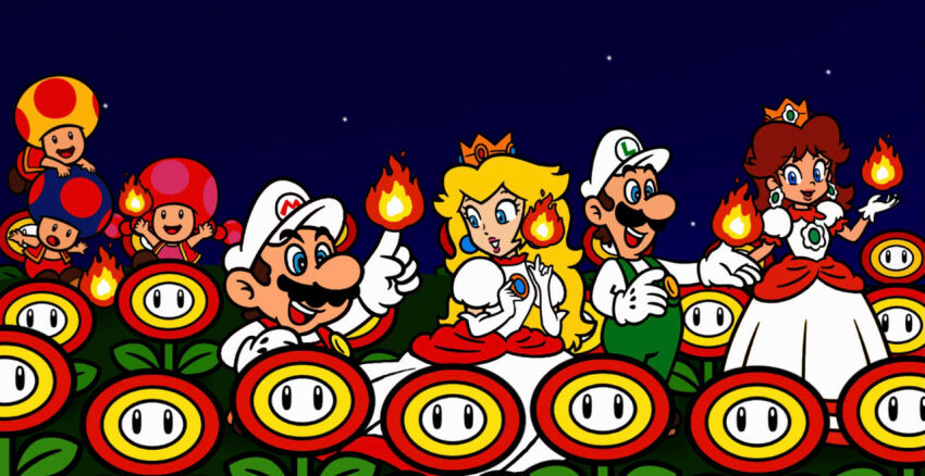 3girls 4boys blonde_hair blue_eyes blue_toad_(mario) brooch crown earrings fire fire_daisy fire_flower fire_luigi fire_mario fire_peach fire_toad fire_toadette flower_earrings gloves grin hat jewelry long_hair luigi mario mario_(series) multiple_boys multiple_girls night night_sky nintendo open_mouth princess_daisy princess_peach puffy_short_sleeves puffy_sleeves short_sleeves sky smile star_(sky) starry_sky super_mario_bros._wonder the_super_mario_bros._movie toad_(mario) toadette