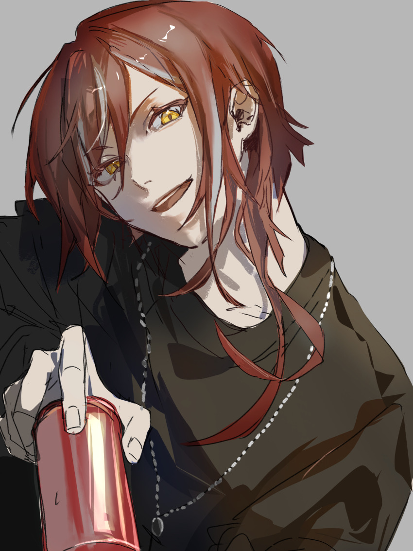 1boy black_shirt can chinese_commentary colored_eyelashes commentary_request ensemble_stars! gouzhiyi grey_hair hair_between_eyes highres holding holding_can jewelry male_focus multicolored_hair necklace open_mouth red_hair sakasaki_natsume shirt smile solo streaked_hair teeth upper_body upper_teeth_only