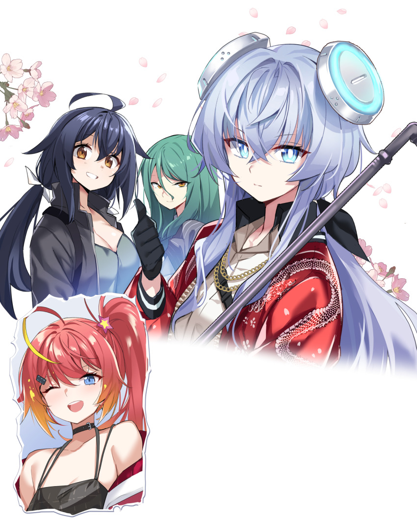 &gt;:) 4girls ;d ahoge belt_collar black_collar black_gloves black_jacket black_ribbon blonde_hair blue_eyes blue_hair breasts bright_pupils brown_eyes chain cherry_blossoms cleavage collar collarbone commentary_request counter:side cropped_torso crossed_bangs dark_blue_hair dash_(counter:side) ddolggol dragon_print dress_shirt flower gloves glowing_headgear gold_chain gradient_hair green_hair green_shirt grey_hair grey_jacket grin hair_between_eyes hair_flaps hair_ornament hair_ribbon hairclip headgear high_collar highres horizon_(counter:side) industrial_pipe inset jacket korean_commentary large_breasts long_hair long_sleeves looking_at_viewer low_ponytail low_twintails multi-strapped_shirt multicolored_hair multiple_girls off_shoulder one_eye_closed open_clothes open_jacket open_mouth orange_hair pink_flower ponytail rachel_dodds red_hair red_jacket ribbon rita_arsenico shirt side_ponytail simple_background smile star_(symbol) star_hair_ornament teeth thumbs_up torn_photo twintails upper_body upper_teeth_only v-neck v-shaped_eyebrows white_background white_pupils white_ribbon white_shirt