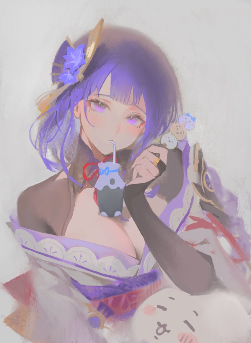 1girl braid breasts chiikawa chiikawa_(character) cleavage closed_mouth commentary dango drinking drinking_straw flower food genshin_impact hachiware_(chiikawa) hair_flower hair_ornament hand_up highres holding japanese_clothes kayakooooo kimono large_breasts long_hair looking_at_viewer mole mole_under_eye obi purple_eyes purple_flower purple_hair raiden_shogun sash simple_background solo usagi_(chiikawa) wagashi wide_sleeves