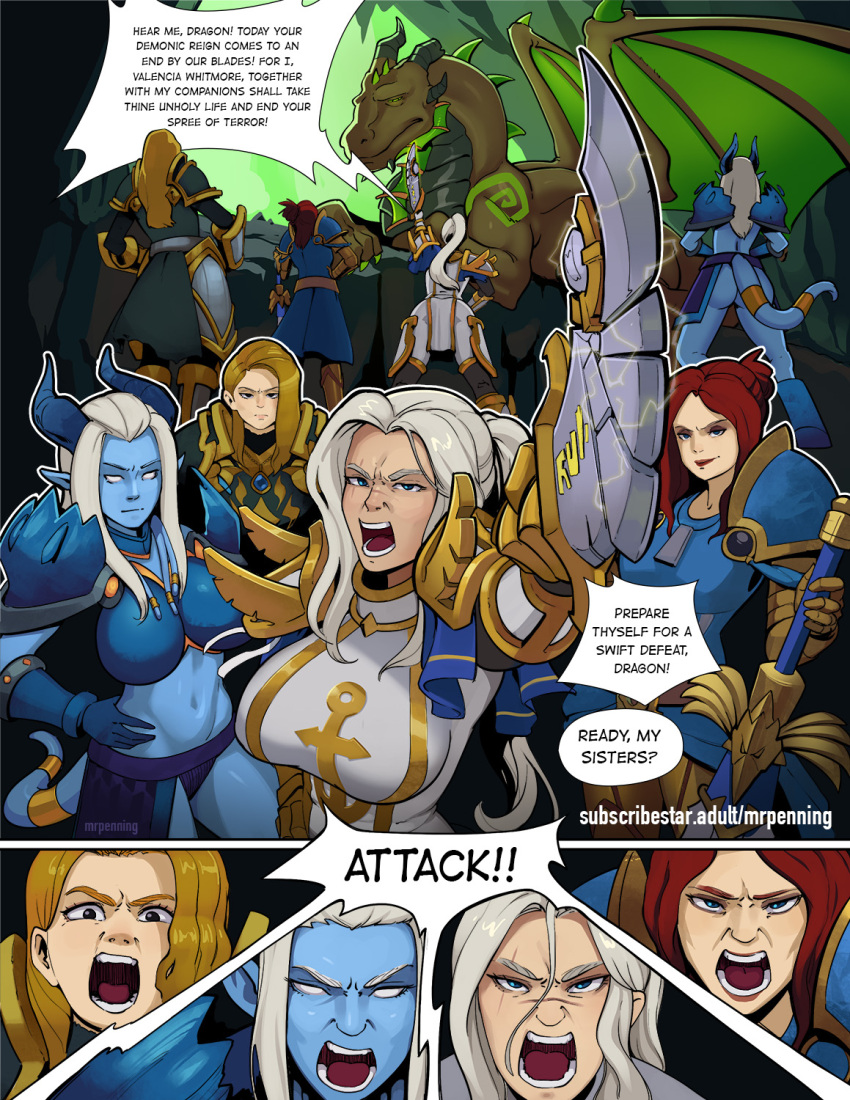 1boy 4girls angry ass blonde_hair blue_skin breasts brown_hair clothes colored_skin dragon english_text giant horns large_breasts long_hair monster monster_girl mrpenning multiple_girls open_mouth ponytail red_hair speech_bubble tail warcraft warrior white_hair world_of_warcraft