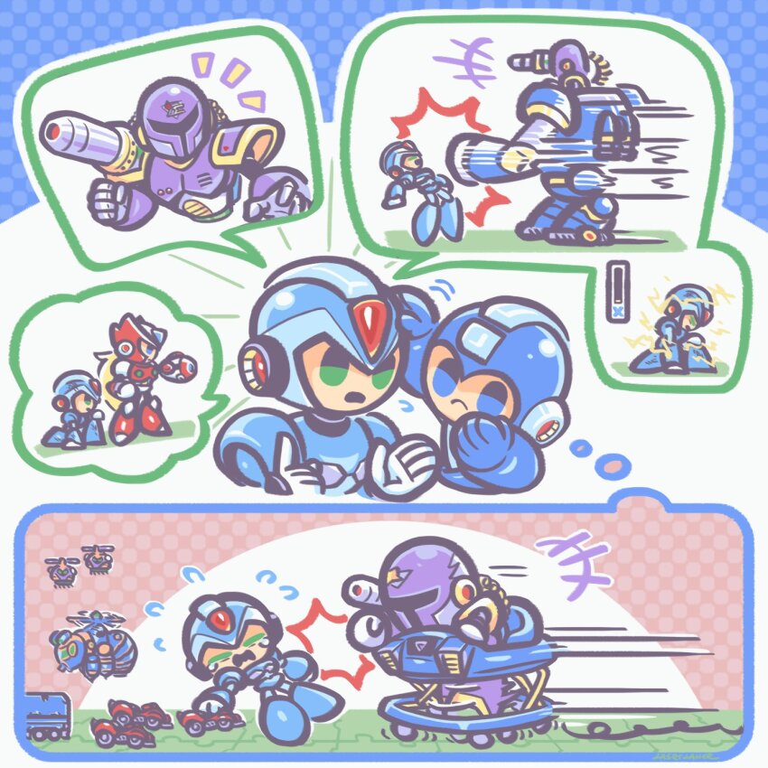 4boys arm_cannon armor blue_armor blue_eyes blue_helmet forehead_jewel green_eyes helmet highres in-franchise_crossover laser-lance male_focus mega_man_(series) mega_man_x1 mega_man_x_(series) multiple_boys purple_armor purple_helmet red_armor red_helmet ride_armor speech_bubble spoken_character thought_bubble vile_(mega_man) weapon x_(mega_man) zero_(mega_man)