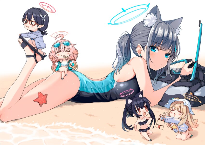 5girls :3 ^_^ absurdres animal_ear_fluff animal_ears ayane_(blue_archive) ayane_(swimsuit)_(blue_archive) bare_shoulders beach bikini black_bag black_bikini black_footwear black_hair black_one-piece_swimsuit blue_archive blue_eyes blue_halo blue_hoodie blue_one-piece_swimsuit blunt_bangs blush braid brown_hair cat_ears chibi chibi_inset closed_eyes closed_mouth commentary_request competition_swimsuit cross_hair_ornament crossed_legs crown_braid dyson_(edaokunnsaikouya) earrings extra_ears eyewear_on_head fang foot_out_of_frame foot_up foreclosure_task_force_(blue_archive) frilled_bikini frills from_side grey_hair hair_ornament halo highleg highleg_one-piece_swimsuit highres hood hood_down hoodie hoshino_(blue_archive) hoshino_(swimsuit)_(blue_archive) jewelry kneeling long_hair looking_at_viewer low_twintails lying medium_hair multiple_girls nonomi_(blue_archive) nonomi_(swimsuit)_(blue_archive) ocean official_alternate_costume official_alternate_hairstyle on_stomach one-piece_swimsuit orange_halo outdoors pink_hair pink_halo ponytail red_eyes red_halo sandals serika_(blue_archive) serika_(swimsuit)_(blue_archive) shiroko_(blue_archive) shiroko_(swimsuit)_(blue_archive) simple_background sitting skin_fang smile snorkel solo_focus starfish stud_earrings sunglasses swimsuit the_pose thighs toes twintails two-tone_one-piece_swimsuit wet white_background white_bikini wolf_ears