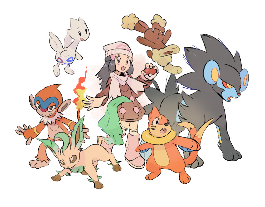 1girl :d beanie boots buizel buneary coat dawn_(pokemon) gen_2_pokemon gen_4_pokemon hat highres holding holding_poke_ball leafeon luxray monferno nintendo open_mouth pink_boots pink_coat poke_ball poke_ball_print poke_ball_symbol pokemon pokemon_(creature) pokemon_dppt pokemon_platinum scarf smile togetic waackery white_background white_hat white_scarf