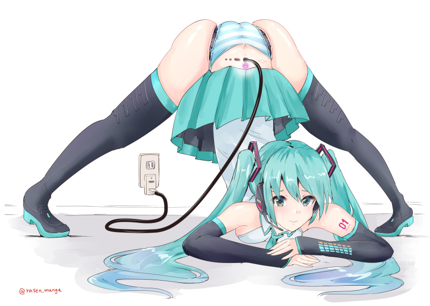 1girl android aqua_eyes aqua_hair artist_name ass blue_eyes blue_hair blush boots butt_crack charging clothes_lift detached_sleeves hair_ornament hatsune_miku highres jack-o&#039;_challenge joints long_hair looking_at_viewer matching_hair/eyes necktie plug rasen_manga robot_joints skirt skirt_lift solo tattoo thigh_boots thighhighs top-down_bottom-up twintails usb_cable very_long_hair vocaloid