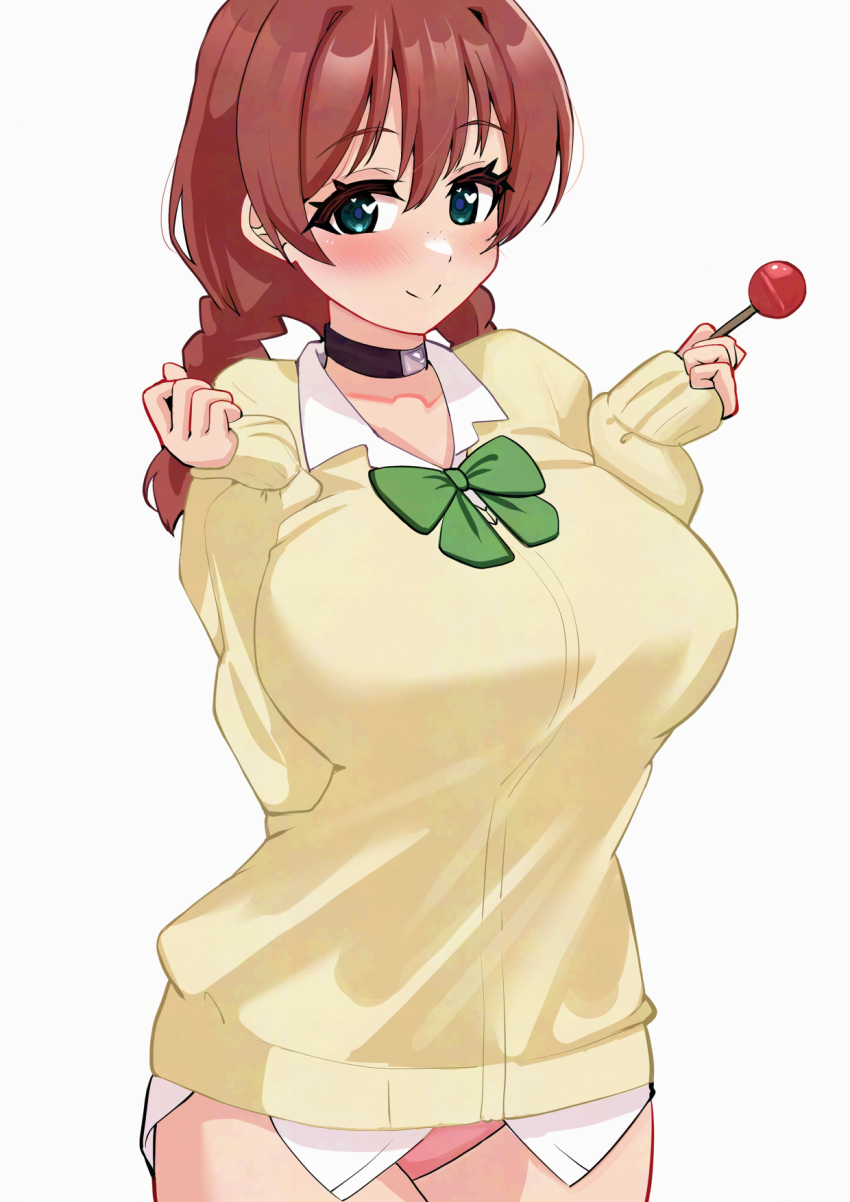 aqua_eyes black_choker blush braid breasts brown_hair candy cardigan choker collared_shirt commentary_request cowboy_shot emma_verde food freckles highres large_breasts lollipop long_hair long_sleeves looking_at_viewer love_live! love_live!_nijigasaki_high_school_idol_club panties pink_panties pisagi school_uniform shirt sidelocks simple_background smile standing twin_braids underwear white_background white_shirt yellow_cardigan