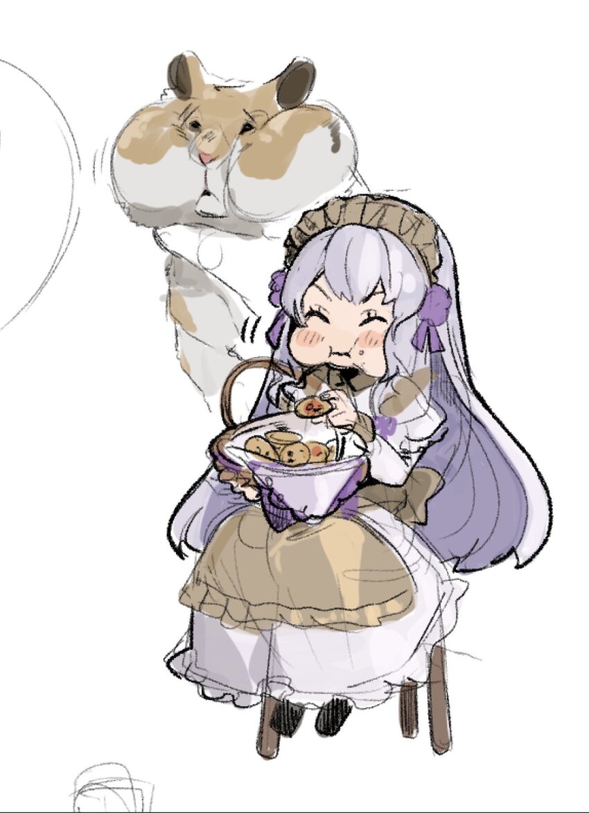 1girl animal basket chipmunk closed_eyes closed_mouth cookie eating fire_emblem fire_emblem:_three_houses fire_emblem_heroes food highres lysithea_von_ordelia lysithea_von_ordelia_(tea_party) maid maid_headdress nintendo official_alternate_costume pink_eyes sitting smile squirrel sutekina_yari