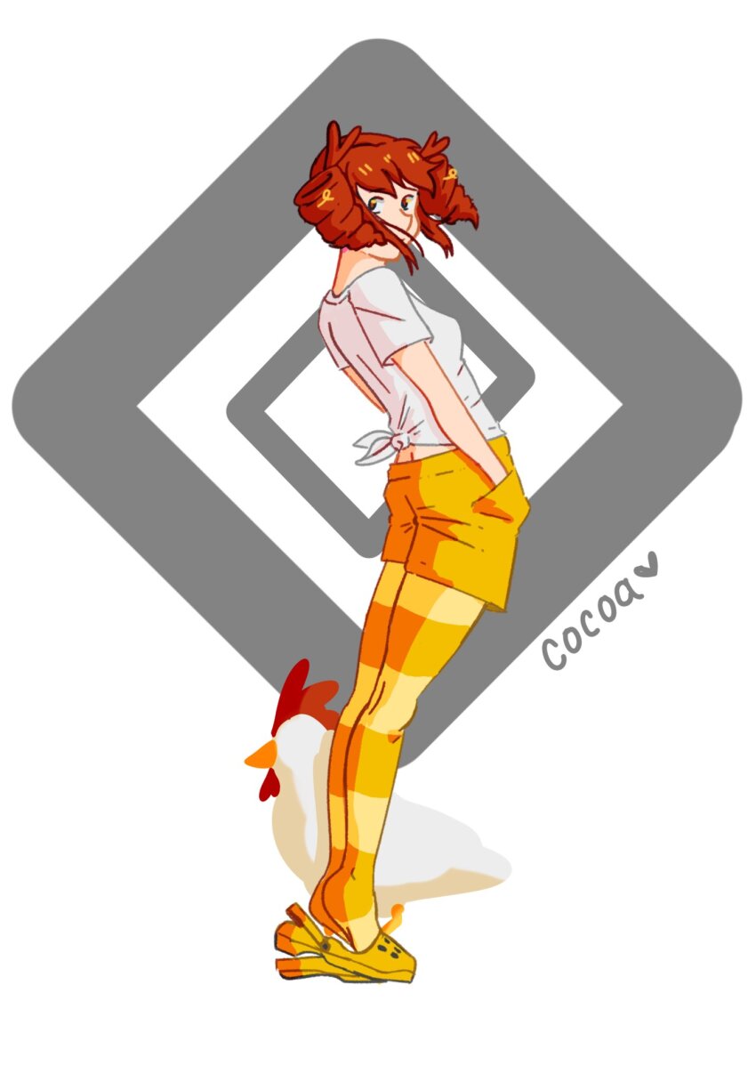 1girl ass bird birdbrain_(synthesizer_v) breasts butt_crack chicken cooca_cat crocs drill_hair green_sandals green_shorts green_thighhighs hands_in_pockets highres kasane_teto red_eyes red_hair sandals shirt short_hair short_sleeves shorts sidelocks small_breasts solo standing striped_clothes striped_thighhighs t-shirt thighhighs tied_shirt tiptoes twin_drills utau white_shirt