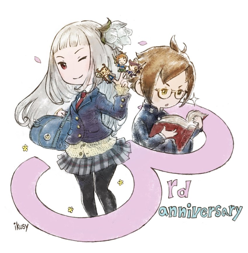 1boy 1girl anniversary bag black_pantyhose blazer book bravely_default_(series) bravely_second:_end_layer brown_hair flower gakuran glasses hair_flower hair_ornament highres ikusy jacket janne_angard long_hair magnolia_arch miniskirt nikolai_nikolanikov official_art one_eye_closed pantyhose pleated_skirt reading red_eyes school_uniform skirt square_enix white_hair yew_geneolgia