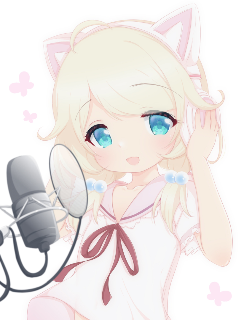 1girl :d ahoge animal_ear_headphones animal_ears blonde_hair blue_eyes cat_ear_headphones commentary_request fake_animal_ears frilled_sleeves frills hair_bobbles hair_flaps hair_ornament hand_on_headphones hand_up headphones highres hosizora_mikoto idolmaster idolmaster_cinderella_girls looking_at_viewer low_twintails medium_hair microphone neck_ribbon open_mouth pink_sailor_collar pink_shirt pop_filter red_ribbon ribbon sailor_collar sailor_shirt shirt short_sleeves smile solo studio_microphone swept_bangs twintails upper_body yusa_kozue