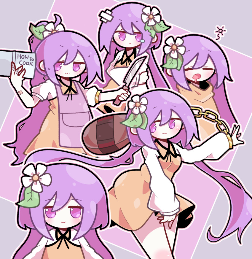 1girl =_= baek_ban bandaged_fingers bandages bandaid bandaid_on_arm book breasts closed_mouth commentary cookbook dress drooling flower hair_flower hair_ornament hand_on_own_arm highres holding holding_book holding_knife knife long_hair mouth_drool multiple_views open_mouth orange_dress ponytail puffy_short_sleeves puffy_sleeves purple_hair shirt short_sleeves small_breasts squeans teardrop touhou tsukumo_benben twintails v-shaped_eyebrows white_flower white_shirt
