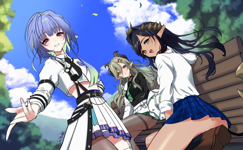 3girls bench black_hair black_necktie black_shirt blue_eyes blue_hair blue_skirt blue_sky blush breasts brown_horns brown_pantyhose cloud collared_shirt commentary_request cowboy_shot crop_top day demon_girl demon_horns demon_tail dutch_angle falling_leaves flat_chest green_hair green_necktie grin hair_between_eyes hair_intakes heterochromia highres horns leaf long_bangs long_hair long_sleeves looking_at_viewer medium_breasts miniskirt mole mole_under_eye multicolored_hair multiple_girls nanashi_inc. necktie official_alternate_costume open_mouth outdoors pantyhose pink_eyes plaid_clothes plaid_skirt pleated_skirt pointy_ears reaching reaching_towards_viewer ryokuoushoku_hitode sekishiro_mico shimamura_charlotte shirt sitting skirt sky smile standing suspender_skirt suspenders suzumi_nemo suzumi_nemo_(3rd_costume) tail tan thighband_pantyhose tree two-tone_hair very_long_hair virtual_youtuber white_shirt white_skirt yellow_eyes