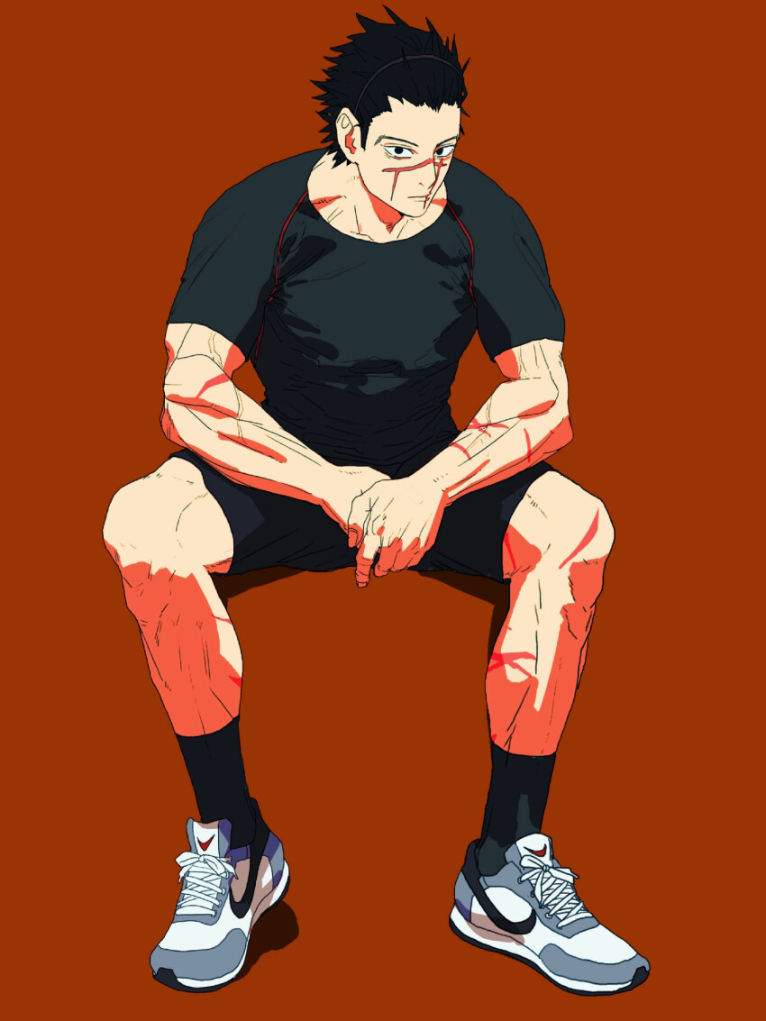1boy black_eyes black_hair black_shirt black_shorts black_socks closed_mouth crew_neck galeblack golden_kamuy highres looking_ahead male_focus own_hands_together red_background scar scar_on_arm scar_on_face shirt shoelaces shoes short_hair shorts sideburns simple_background sitting sneakers socks solo sugimoto_saichi white_shoes
